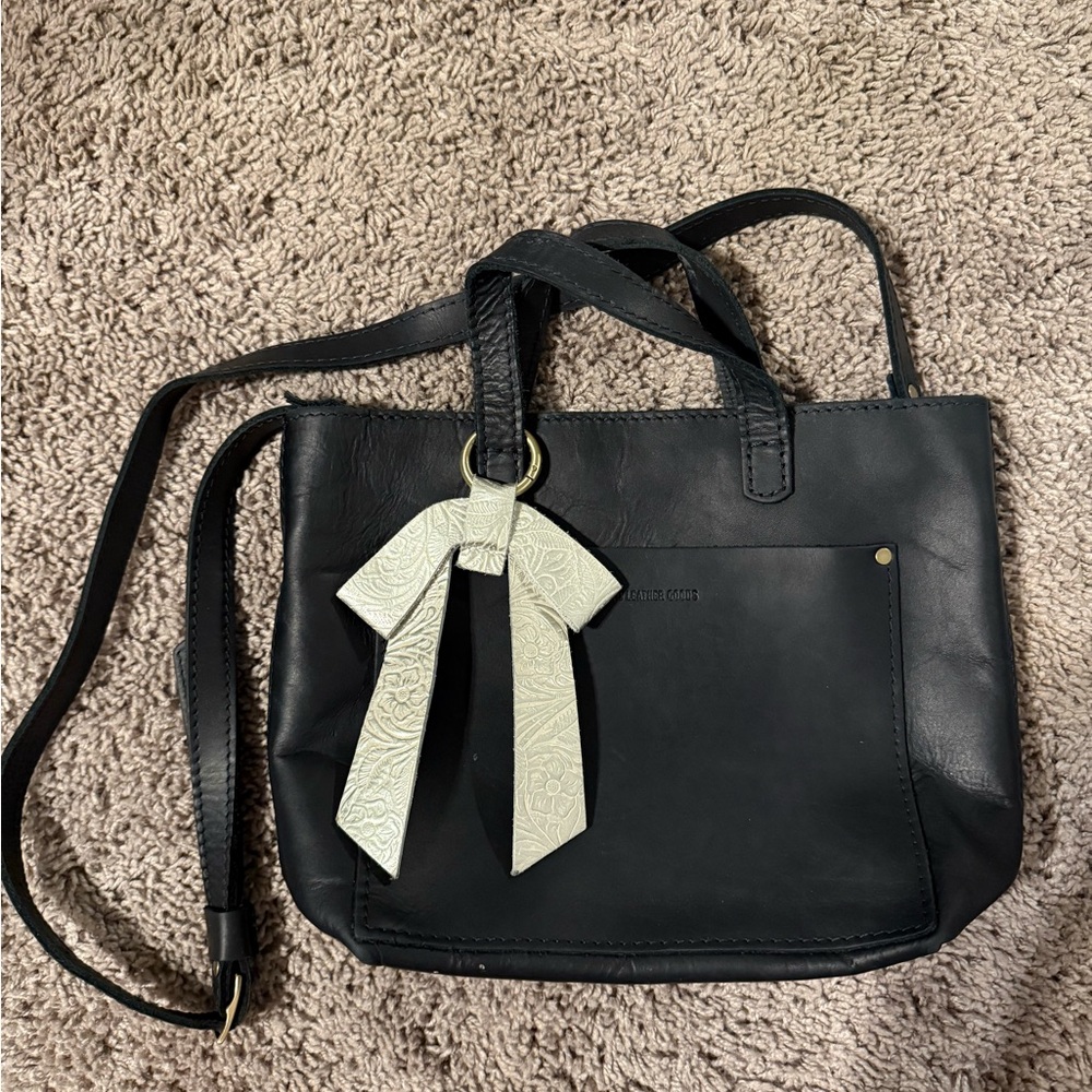 Portland Leather Goods Black Leather Small Tote Bag with silver leather bow
